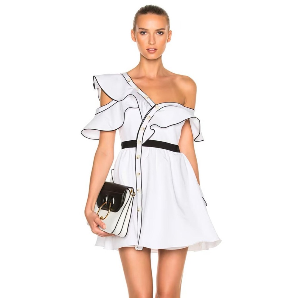 Self-Portrait | White Ruffled Poplin One Shoulder Mini Black Trim Dress | Size 0